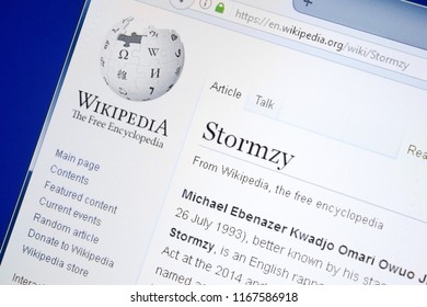Ryazan, Russia - August 28, 2018: Wikipedia page about Stormzy on the display of PC.
