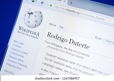 Ryazan, Russia - August 28, 2018: Wikipedia Page About Rodrigo Duterte On The Display Of PC.