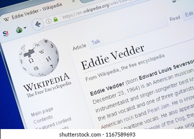 Ryazan, Russia - August 28, 2018: Wikipedia page about Eddie Vedder on the display of PC.