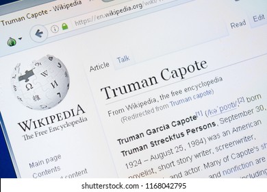 Ryazan, Russia - August 28, 2018: Wikipedia Page About Truman Capote On The Display Of PC.