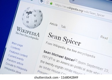 Ryazan, Russia - August 28, 2018: Wikipedia Page About Sean Spicer On The Display Of PC.