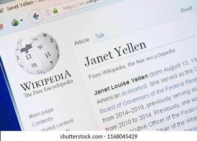 Ryazan, Russia - August 28, 2018: Wikipedia Page About Janet Yellen On The Display Of PC.