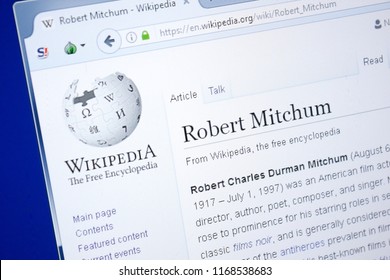 Ryazan, Russia - August 28, 2018: Wikipedia Page About Robert Mitchum On The Display Of PC.