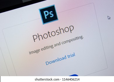 Ryazan, Russia - July 11, 2018: Adobe Photoshop, software logo on the official website of Adobe.