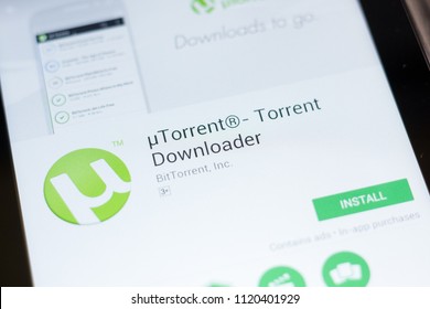 Ryazan, Russia - June 24, 2018: Utorrent Torrent Downloader mobile app on the display of tablet PC.