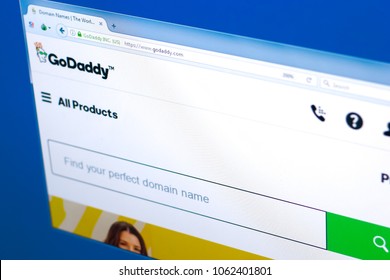 Ryazan, Russia - March 28, 2018 - Homepage of GoDaddy domains seller on a display of PC, web adress - godaddy.com.