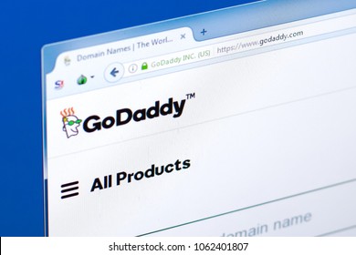 Ryazan, Russia - March 28, 2018 - Homepage of GoDaddy domains seller on a display of PC, web adress - godaddy.com.