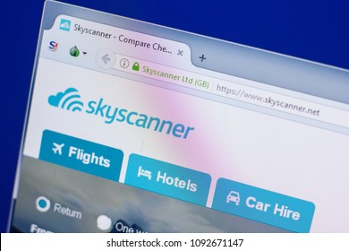 Ryazan, Russia - May 13, 2018: SkyScanner website on the display of PC, url - SkyScanner.net.