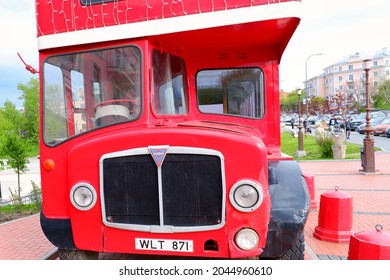 Ryazan, Russia - May 5 2021: Old Red London Bus. Double-decker Bus Front View