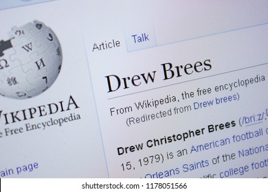 Ryazan, Russia - September 09, 2018 - Wikipedia Page About Drew Brees On A Display Of PC.