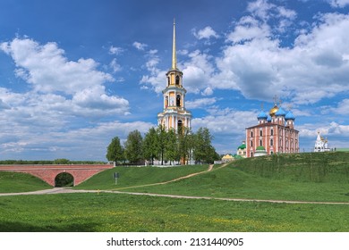 Ryazan, Russia. View on Ryazan Kremlin with Bell Tower, Cathedral of the Nativity of Christ, Dormition Cathedral and Epiphany Church. Russian letters XB on the Bell Tower mean: Christ is Risen!