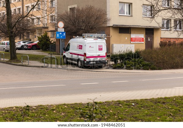 Rybnik,silesia,Poland,March,04,2021,An energy 
emergency service vehicle parked on a pedestrian
walkway,
