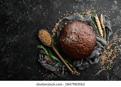 Rye Black Round Bread. Baking From Rye And Flour. Top View.