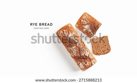 Rye bread isolated on white background. Minimalist bakery composition with whole loaf and sliced piece. Rustic artisan food for natural nutrition and clean design. Flat lay, top view