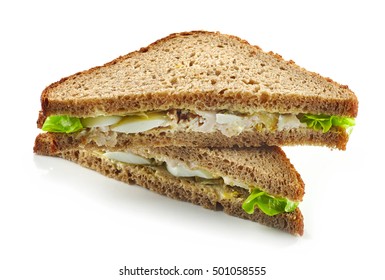 Rye Bread Sandwich With Chicken And Egg Isolated On White Background