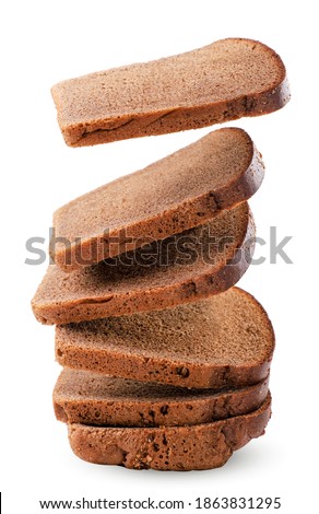 Rye bread sliced falling on a white background, levitating bread. Isolated