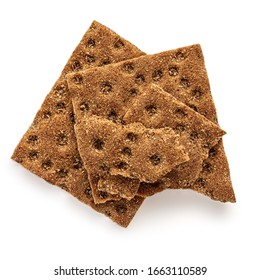 Rye Crispy Crackers  Isolated On White Background. Crushed Dry Wholegrain Cracker Pieces Or Flat Bread. Top View