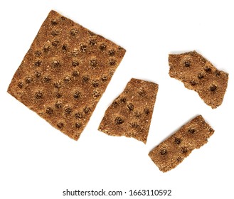 Rye Crispy Crackers  Isolated On White Background. Crushed Dry Wholegrain Cracker Pieces Or Flat Bread. Top View