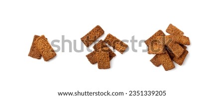 Rye Croutons Isolated, Homemade Brown Bread Rusks, Crispy Bread Cubes Scattered Pile, Dry Rye Crouoton Crumbs, Brown Roasted Salted Crackers on White Background Top View