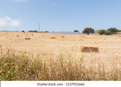 Rye Field With Bales Of Hay And Solar Energy Batteries In Milos Island, Greece