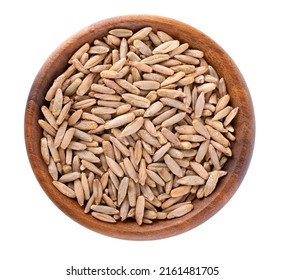 Rye grains isolated on white background. Pile of rye malt seeds in wooden bowl. Dry grains of winter rye. Top view. - Shutterstock ID 2161481705