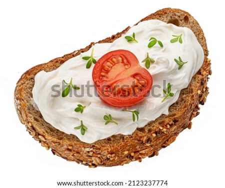 Rye toasted bread with cream cheese isolated, top view