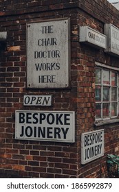 Rye, UK - October 10, 2020: Signs Outside A Chair Doctor Bespoke Joinery In Rye, One Of The Best-preserved Medieval Towns In East Sussex, England.