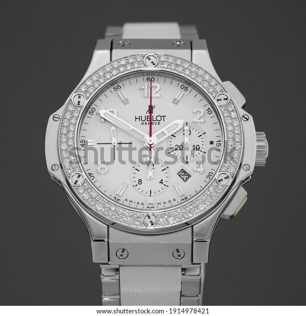 Rzeszow, Poland - February 12, 2021: Hublot Big\
Bang White. Hublot is one of the most famous luxury watch brands in\
the world.