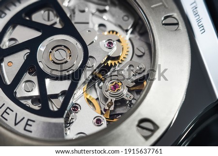 Rzeszow, Poland - February 9, 2021: The mechanism of a Hublot watch. Hublot is one of the most famous luxury watch brands in the world.