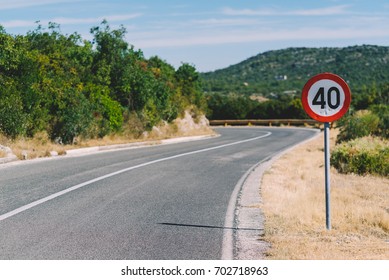 S Shaped Curve Road And 40 Km/h Road Sign, Zaton, Sibenik, Croatia