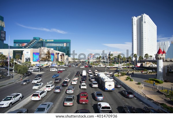 S.LAS VEGAS BLVD\
- E. TROPICANA AVE, MARCH 25, 2015: The bussiest intersection in\
Las Vegas. The largest hotels in the world are located by the\
famous Las Vegas Strip. 