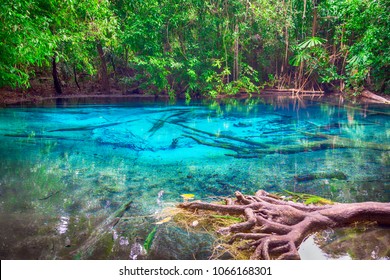 Sa Kaeo Emerald pool and pouring water are emerald green. Unseen thailand, Krabi, Thailand