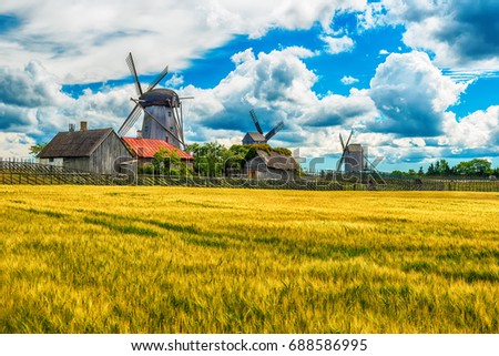 Saarema Island, Estonia: summer fields and Angla windmills in Leisi Parish
