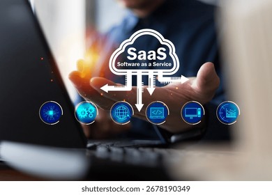 SaaS cloud computing concept with software as a service for business, data, and technology innovation, showing digital solutions, online services, and futuristic interface design.