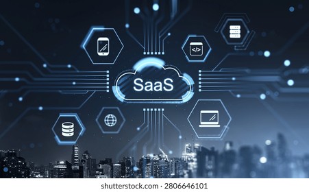 SaaS cloud interface with tech icons in glowing digital style on city skyline background, concept of modern business innovation