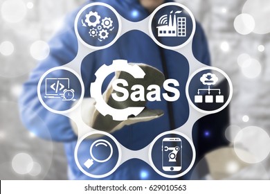 SAAS Computing IOT Industry 4.0 Development Concept. Industrial worker touched gear SaaS icon on virtual screen. Software as a service in manufacturing.