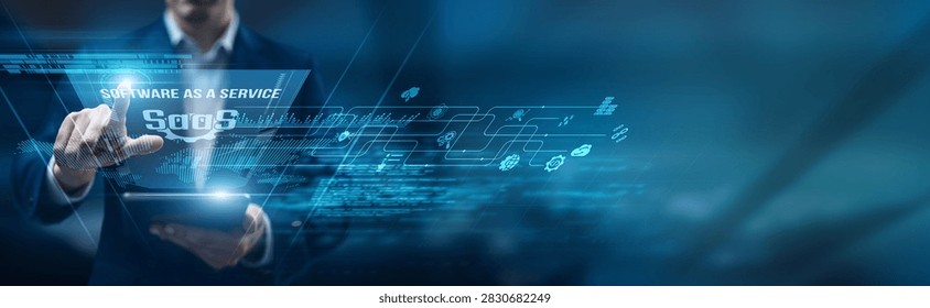 SaaS manager using a smart tablet for performance monitoring software as a service platforms, subscriptions automation scalability integration analytics performance.