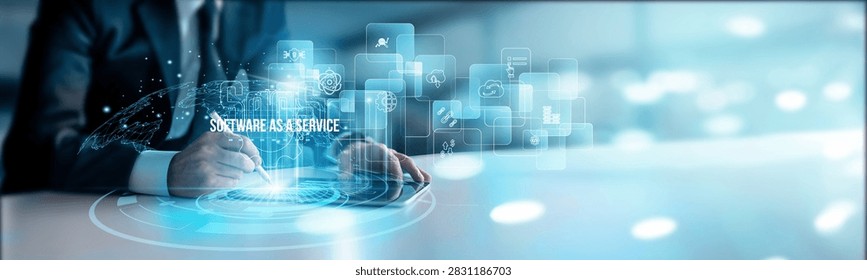 SaaS manager using a smart tablet for performance monitoring software as a service platforms, subscriptions automation scalability integration analytics performance.