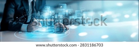 SaaS manager using a smart tablet for performance monitoring software as a service platforms, subscriptions automation scalability integration analytics performance.