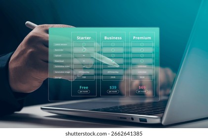 SaaS pricing plan, subscription model, digital comparison table, user consideration, product evaluation, package feature matrix, plan options monthly cost, SaaS Plan Comparison, Customer Consideration