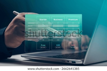 SaaS pricing plan, subscription model, digital comparison table, user consideration, product evaluation, package feature matrix, plan options monthly cost, SaaS Plan Comparison, Customer Consideration