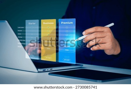 SaaS pricing plan, subscription model, digital comparison table, user consideration, product evaluation, package feature matrix, plan options monthly cost, SaaS Plan Comparison, Customer Consideration