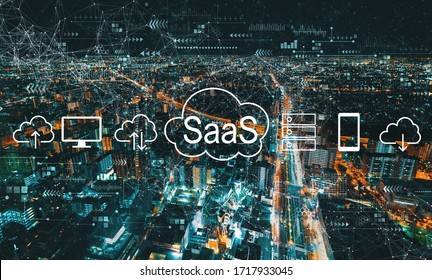 SaaS - software as a service concept with aerial cityscape view of Japan at night