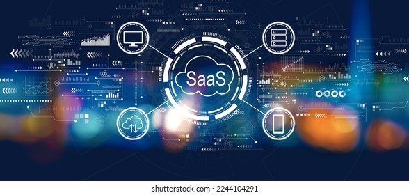 SaaS - software as a service concept with blurred city lights at night
