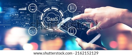 SaaS - software as a service concept with blurred city lights at night
