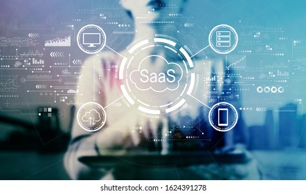 SaaS - software as a service concept with businesswoman using a tablet on a city background