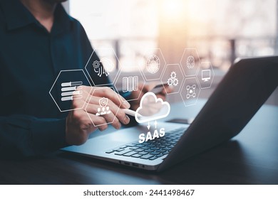 SaaS software as a service concept, Cloud Computing software service, data storage on the Cloud, centralized software management service provider.