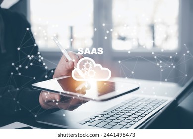 SaaS software as a service concept, Cloud Computing software service, data storage on the Cloud, centralized software management service provider.