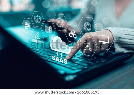 SaaS software as a service concept, Cloud Computing software service, data storage on the Cloud, centralized software management service provider.
