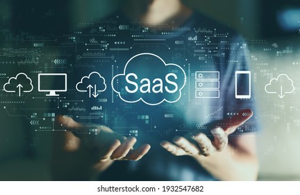 SaaS - software as a service concept with young man in the night